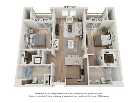 Floor plan for 2 beds, 2 baths, 1063 sqft